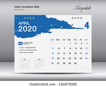 Desk Calendar 2020 template vector, APRIL 2020 month, business layout, 8x6 inch, Week starts Sunday, Stationery design, flyer layout, printing media, publication template, printing design