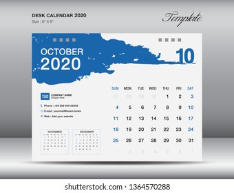 Desk Calendar 2020 template vector, OCTOBER 2020 month, business layout, 8x6 inch, Week starts Sunday, Stationery design, flyer layout, printing media, publication template, printing design