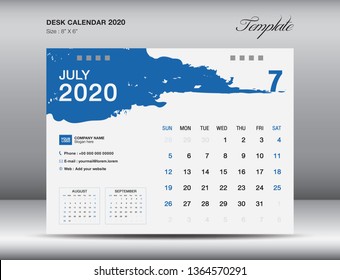 Desk Calendar 2020 template vector, JULY 2020 month, business layout, 8x6 inch, Week starts Sunday, Stationery design, flyer layout, printing media, publication template, printing design