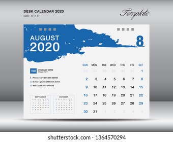 Desk Calendar 2020 template vector, AUGUST 2020 month, business layout, 8x6 inch, Week starts Sunday, Stationery design, flyer layout, printing media, publication template, printing design