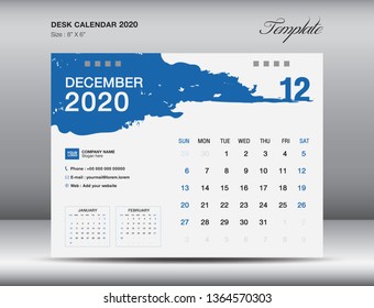 Desk Calendar 2020 template vector, DECEMBER 2020 month, business layout, 8x6 inch, Week starts Sunday, Stationery design, flyer layout, printing media, publication template, printing design