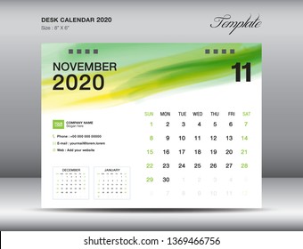 Desk Calendar 2020 template vector, NOVEMBER 2020 month with green watercolor brush stroke, business layout, 8x6 inch, Week starts Sunday, Stationery design, printing media, publication template