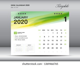Desk Calendar 2020 template vector, JANUARY 2020 month with green watercolor brush stroke, business layout, 8x6 inch, Week starts Sunday, Stationery design, printing media, publication template