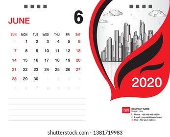 Desk Calendar 2020 template vector, JUNE 2020 month, business layout, 8x6 inch, Week starts Sunday, Stationery design, printing media, publication template