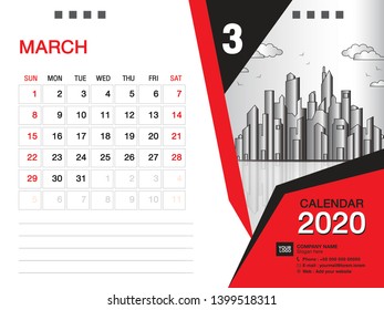 Desk Calendar 2020 template vector, MARCH 2020 month, business layout, 8x6 inch, Week starts Sunday, Stationery design, printing media, publication template
