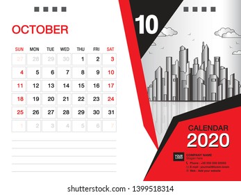 Desk Calendar 2020 template vector, OCTOBER 2020 month, business layout, 8x6 inch, Week starts Sunday, Stationery design, printing media, publication template