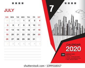 Desk Calendar 2020 template vector, JULY 2020 month, business layout, 8x6 inch, Week starts Sunday, Stationery design, printing media, publication template