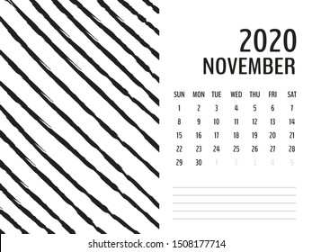 Desk Calendar 2020 template vector, NOVEMBER 2020 design, Planner vector diary in a memphis style, Week start on Sunday