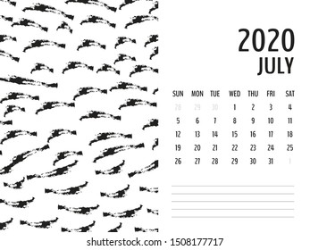 Desk Calendar 2020 template vector, JULY 2020 design, Planner vector diary in a memphis style, Week start on Sunday