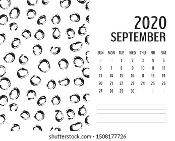 Desk Calendar 2020 template vector, SEPTEMBER 2020 design, Planner vector diary in a memphis style, Week start on Sunday