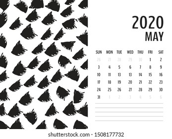 Desk Calendar 2020 template vector, MAY 2020 design, Planner vector diary in a memphis style, Week start on Sunday