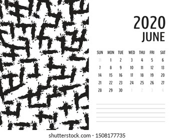 Desk Calendar 2020 template vector, JUNE 2020 design, Planner vector diary in a memphis style, Week start on Sunday