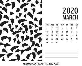 Desk Calendar 2020 template vector, MARCH 2020 design, Planner vector diary in a memphis style, Week start on Sunday