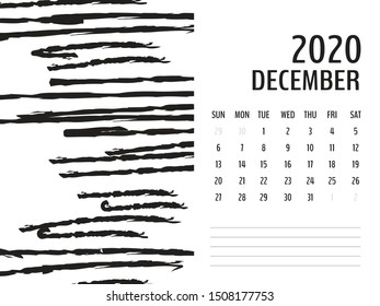 Desk Calendar 2020 template vector, DECEMBER 2020 design, Planner vector diary in a memphis style, Week start on Sunday