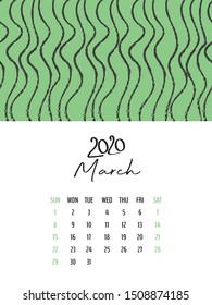 Desk Calendar 2020 template vector, March 2020 design, Planner vector diary in a memphis style, Week start on Sunday, vertical layout