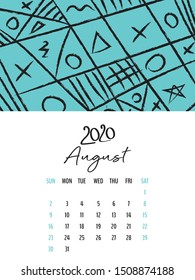 Desk Calendar 2020 template vector, August 2020 design, Planner vector diary in a memphis style, Week start on Sunday, vertical layout