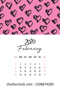 Desk Calendar 2020 template vector, February 2020 design, Planner vector diary in a memphis style, Week start on Sunday, vertical layout, vertical layout