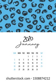 Desk Calendar 2020 template vector, January 2020 design, Planner vector diary in a memphis style, Week start on Sunday, vertical layout