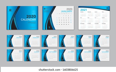 Desk Calendar 2020 template Vector, Calendar 2021 Design, Week Start On Sunday, Planner, Stationery, Printing, advertisement, Cover template, Blue background
