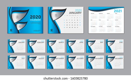 Desk Calendar 2020 template Vector, Calendar 2021 Design, Week Start On Sunday, Planner, Stationery, Printing, advertisement, Cover template, Blue background

