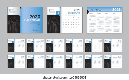 Desk Calendar 2020 template Vector, Calendar 2021 Design, Week Start On Sunday, Planner, Stationery, Printing, advertisement, Cover template, Blue background

