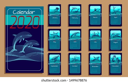 Desk calendar 2020. Vector design template with illustrations of sea animals - seal, whale, dolphin, crocodile, shark, turtle, crab; starfish; sea horse; jellyfish; cramp; octopus. Set of 12 months. 