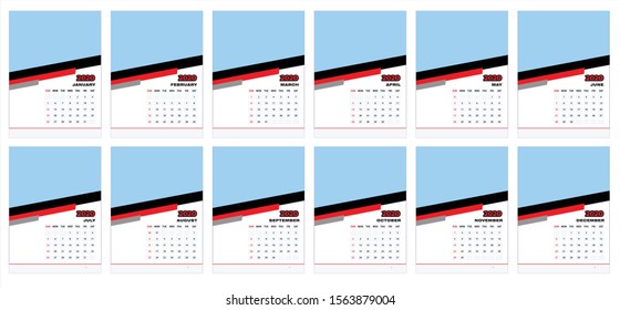 Desk Calendar 2020 Vector, Week Start On Sunday, Planner, Stationery, Printing, vertical artwork. 