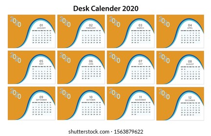 Desk Calendar 2020 Vector, Week Start On Sunday, Planner, Stationery, Printing, vertical artwork. 