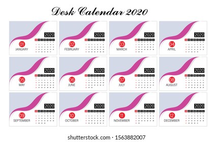 Desk Calendar 2020 Vector, Week Start On Sunday, Planner, Stationery, Printing, vertical artwork. 