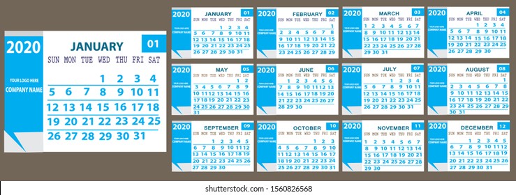 Desk Calendar 2020 week starts on Sunday vector illustration template yearly planing