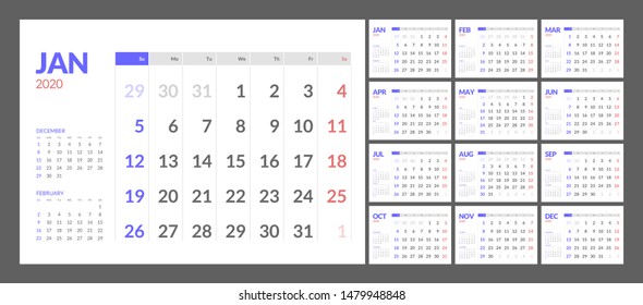 Desk calendar for 2020 year in clean minimal style. Week Starts on Sunday. Set of 12 Months.