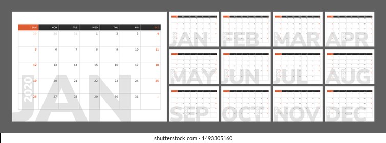 Desk calendar for 2020 year in clean minimal style. Week Starts on Sunday. Set of 12 Months. Ready for print.