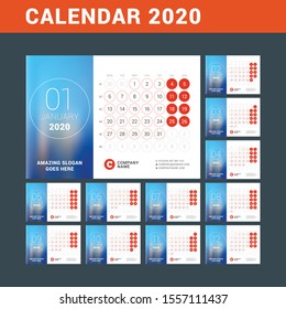 Desk calendar for 2020 year. Design print template with place for photo. Week starts on Monday. Vector illustration