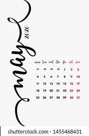 Desk Calendar 2020 Year. May Month. Week starts from Monday, marked Weekend. Vector Template 12 months Page.
