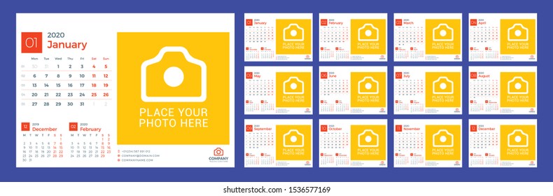 Desk calendar for 2020 year. Vector design print template with place for photo. Week starts on Monday. 12 pages