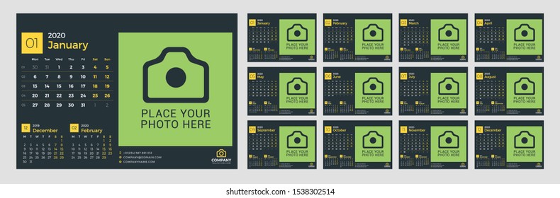 Desk calendar for 2020 year. Vector design print template with place for photo. Week starts on Monday. 12 pages