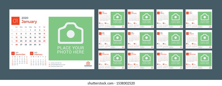 Desk calendar for 2020 year. Vector design print template with place for photo. Week starts on Sunday. 12 pages