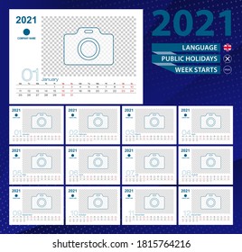 Desk calendar 2021, 2 week grid in English. Place for photo for illustration. Vector template.