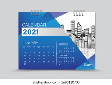 Desk Calendar 2021 Creative design can be place photo and logo, Week starts on Sunday, January Page vector for calendar 2021 template, Blue gradient background