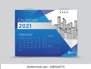 Desk Calendar 2021 Creative design can be place photo and logo, Week starts on Sunday, February Page vector for calendar 2021 template, Blue gradient background