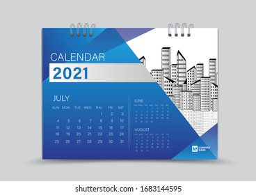 Calendario de escritorio 2021 El diseño creativo puede ser lugar foto y logotipo, la semana comienza el domingo, vector de página de julio para la plantilla de calendario 2021, fondo de degradado azul