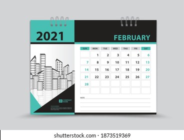 Desk Calendar 2021 Creative design can be place photo and logo, Week starts on Sunday, February Page vector for calendar 2021 template, Green abstract background