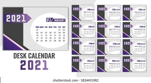 Desk calendar for 2021 design, clean 2021 calendar design, professional desk calendar design week starts on Sunday, Black, purple color clean desk calendar design.
