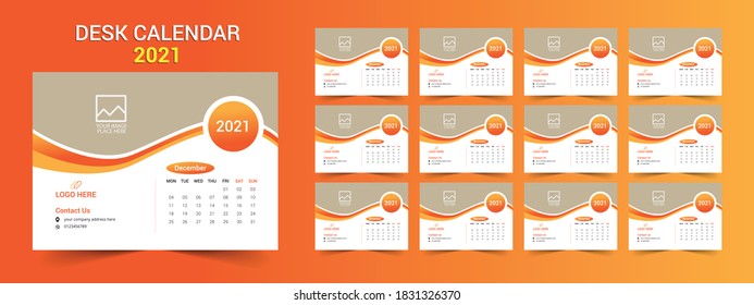 Desk calendar 2021. Calendar design for 2021, Set of 12 Months, 2021 desk calendar design, Calendar template.