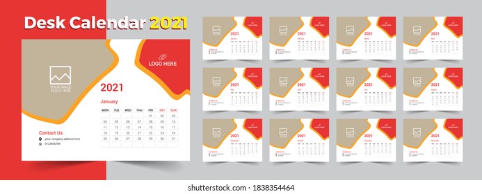 Desk calendar 2021. Calendar design for 2021, Set of 12 Months, 2021 desk calendar design, Calendar templates.