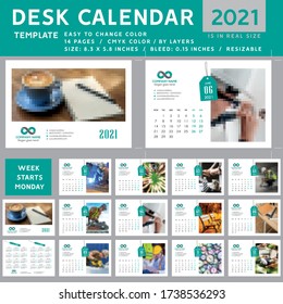 Desk calendar 2021. Desktop calendar template. Week starts on Monday. Vector Illustration. for company. spiral calendar