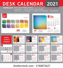 Desk calendar 2021, desktop calendar template, red calendar, week starts on Monday, Vector Illustration, suitable for company spiral calendar