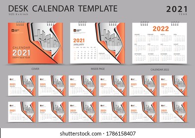 Desk calendar 2021 set template with Calendar 2022 design, Orange cover design, Corporate design planner, Week Starts on Sunday. Set of 12 Months. 