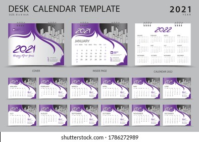 Desk calendar 2021 set template with Calendar 2022 design, Purple cover design, Corporate design planner, Week Starts on Sunday. Set of 12 Months. 