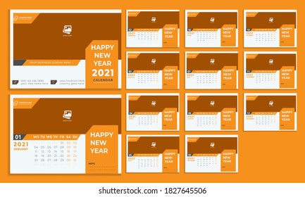 Desk Calendar 2021, Set Desk Calendar template design with Place for Photo.
Week starts on Monday. Set of 12 Months.